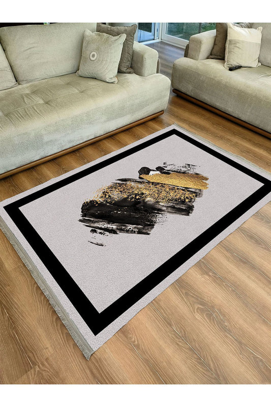 Halı Vagonu 2076 Gri Ve Siyah Tonlarında Fırça Darbeleri Desen Kaymaz Taban Dekoratif Halı