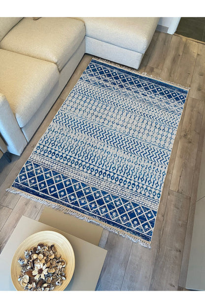 Cotton Kilim 13 Mavi Zeminli Çizgili Desenli Dekoratif Yıkanabilen Dokuma Taban Kilim