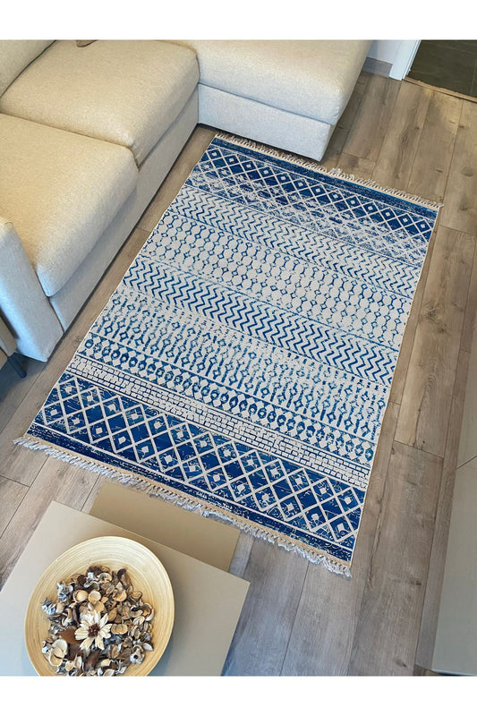 Cotton Kilim 13 Mavi Zeminli Çizgili Desenli Dekoratif Yıkanabilen Dokuma Taban Kilim