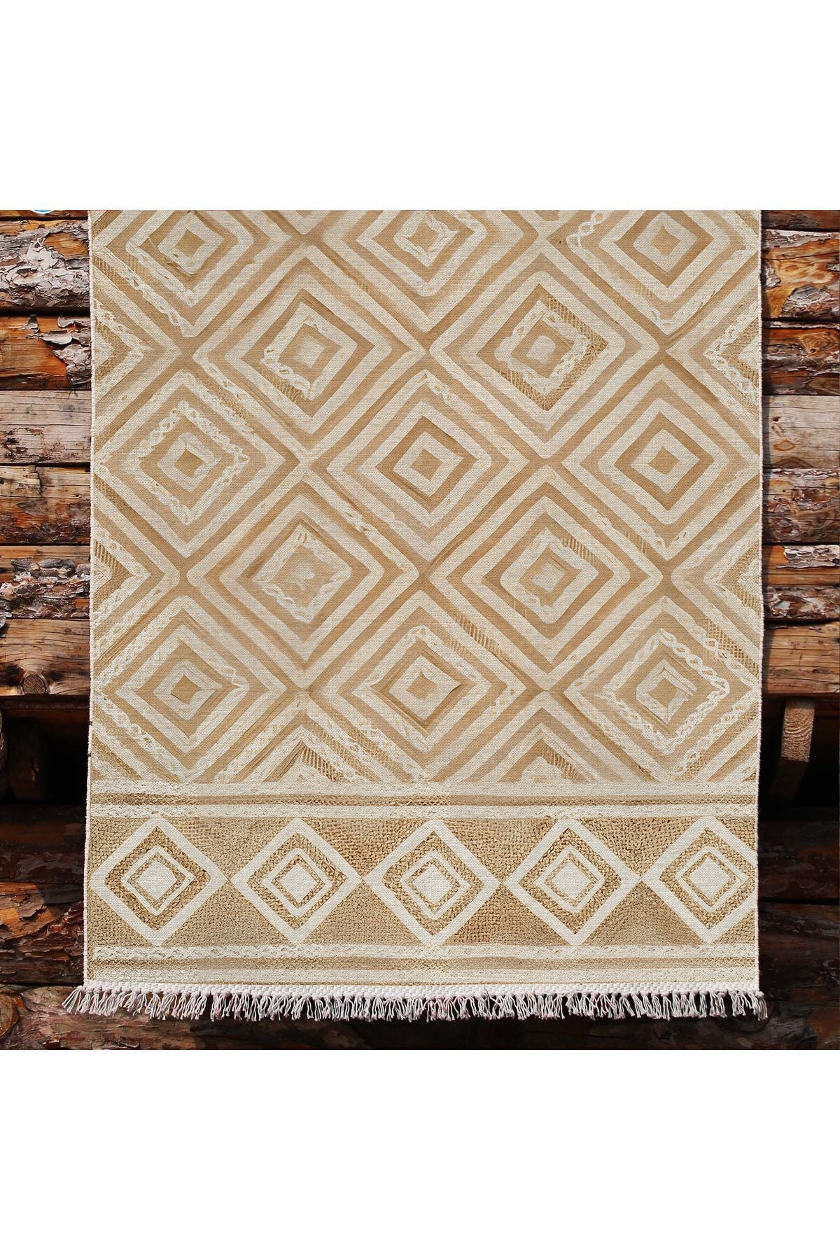 Cotton Kilim 10 Iskandinav Krem Tonunda Dekoratif Yıkanabilen Dokuma Taban Kilim