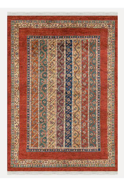 Halı Vagonu Kırmızı Tonlarında Etnik Klasik Eskitme Pamuk  Dokuma Taban Halı 2099