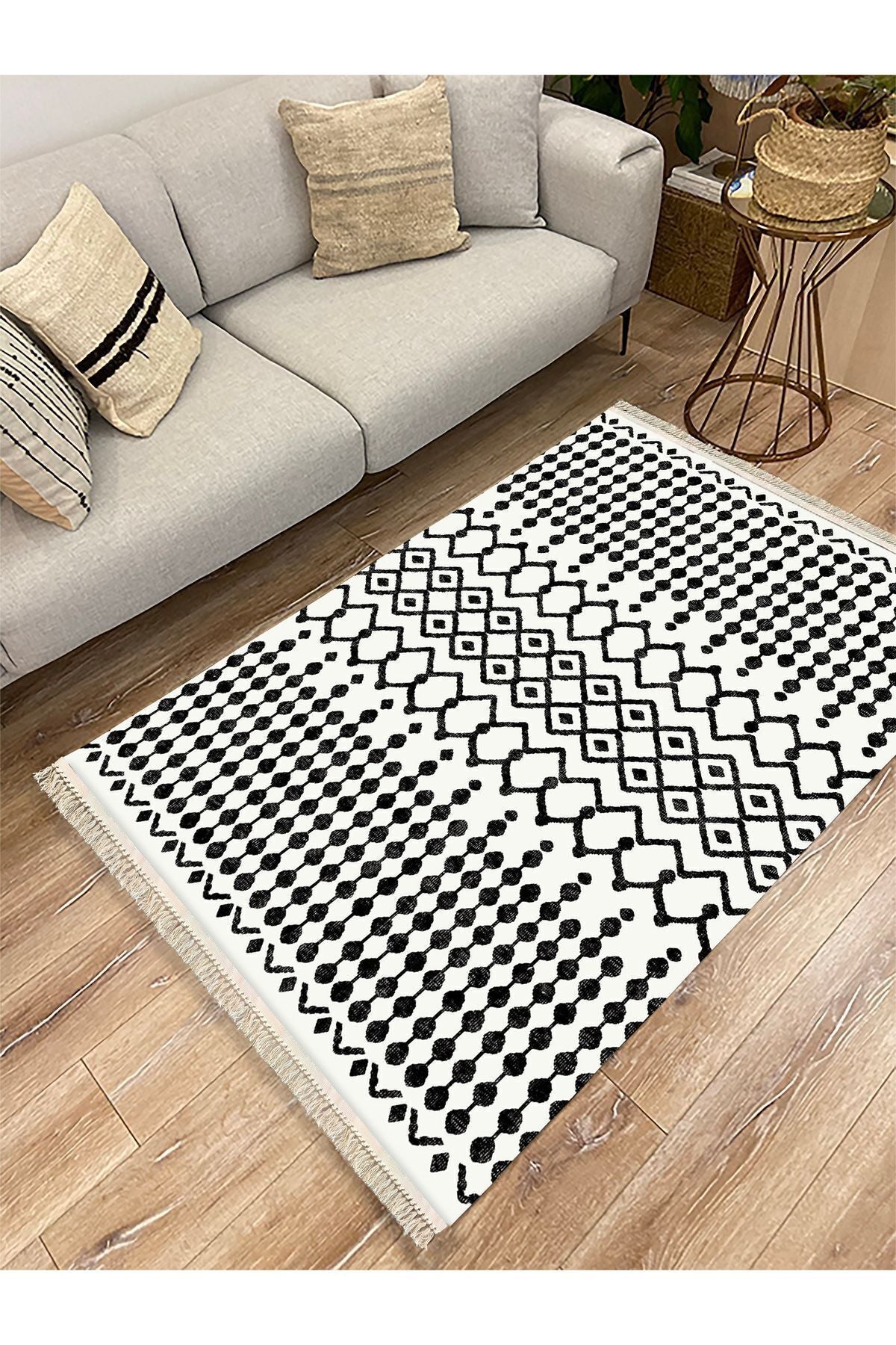 Cotton Kilim 65 Siyah Iskandinav Motifler Modern Dekoratif Saçaklı Yıkanabilen Dokuma Kilim