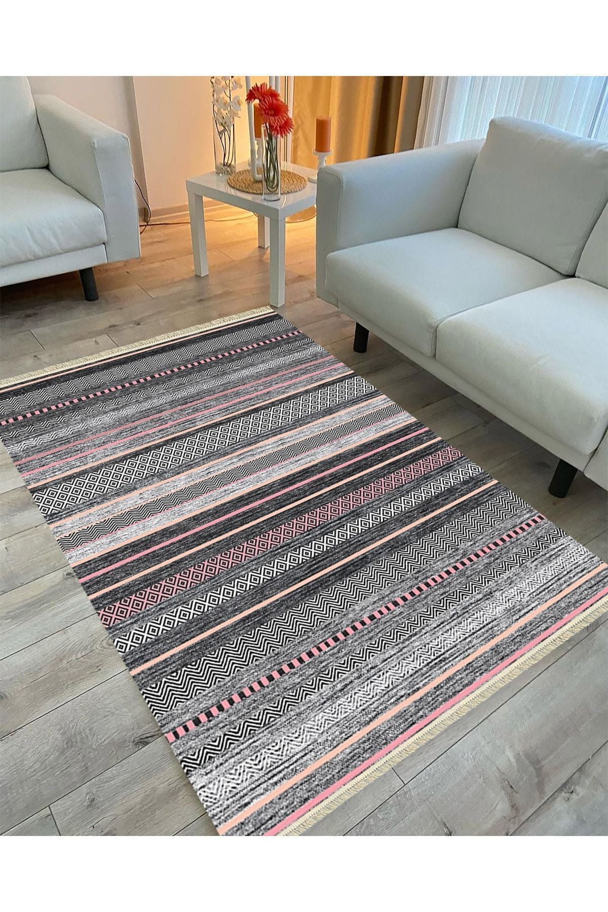 Cotton Serisi Multy Tonlarında Baklava Ve Düz Çizgili Eskitme Desen Dekoratif Dokuma Taban Kilim