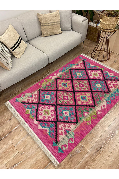 Cotton Kilim 61 Füşya Geleneksel Motifler Modern Dekoratif Saçaklı Yıkanabilen Dokuma Kilim