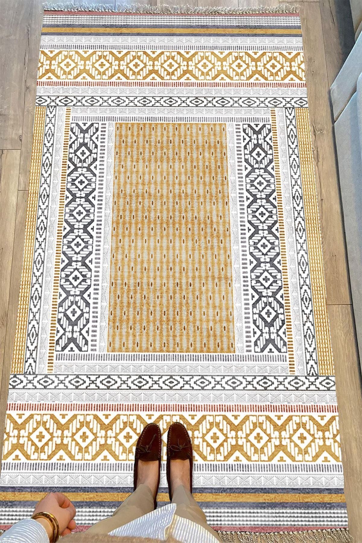 Cotton Serisi Sarı Yunan Motifli Eskitme Antik Otantik Desen Dekoratif Dokuma Taban Kilim