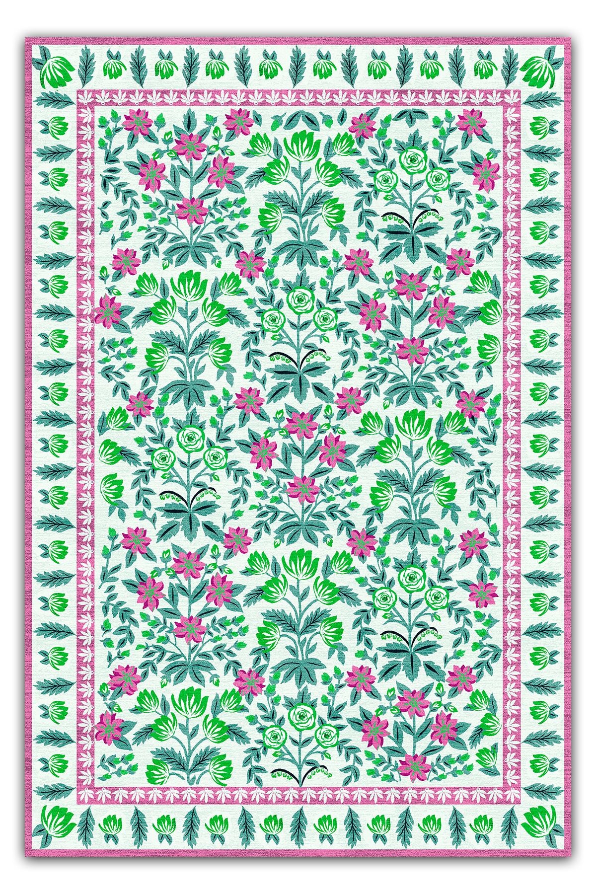 Halı Vagonu 193 Pembe Yeşil Çiçeksi Pastel Modern Dokuma Taban Halı