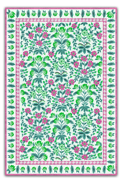 Halı Vagonu 193 Pembe Yeşil Çiçeksi Pastel Modern Dokuma Taban Halı