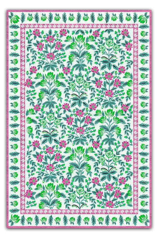 Halı Vagonu 193 Pembe Yeşil Çiçeksi Pastel Modern Dokuma Taban Halı