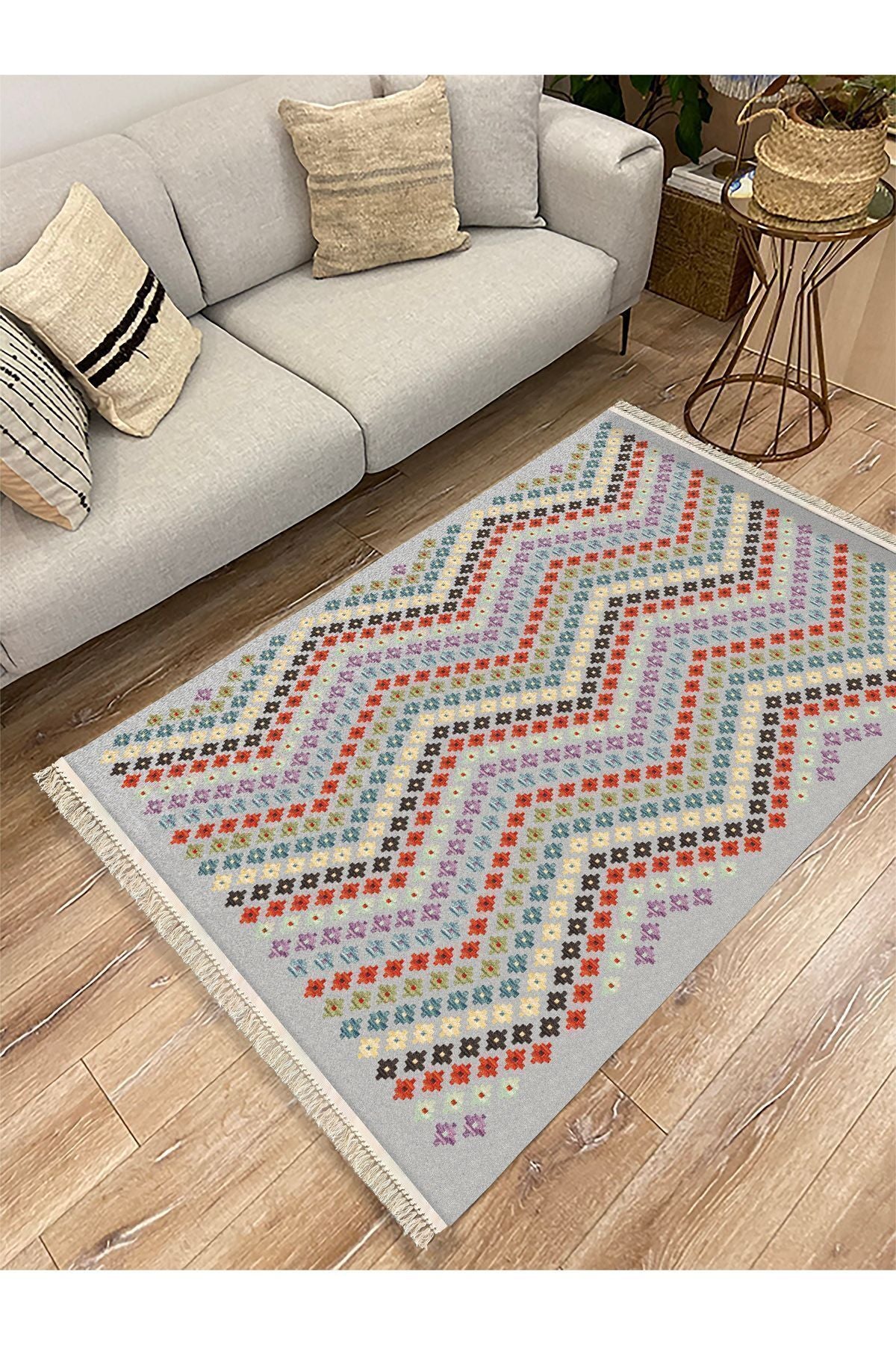 Cotton Kilim 45 Gri Zeminli Geneleksel Motifler Modern Dekoratif Yıkanabilen Dokuma T Kilim