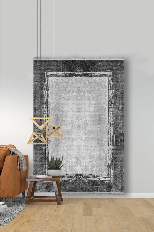 Halı Vagonu 2003 Gri Tonunda Bordürlü Desen Kaymaz Taban Dekoratif Halı