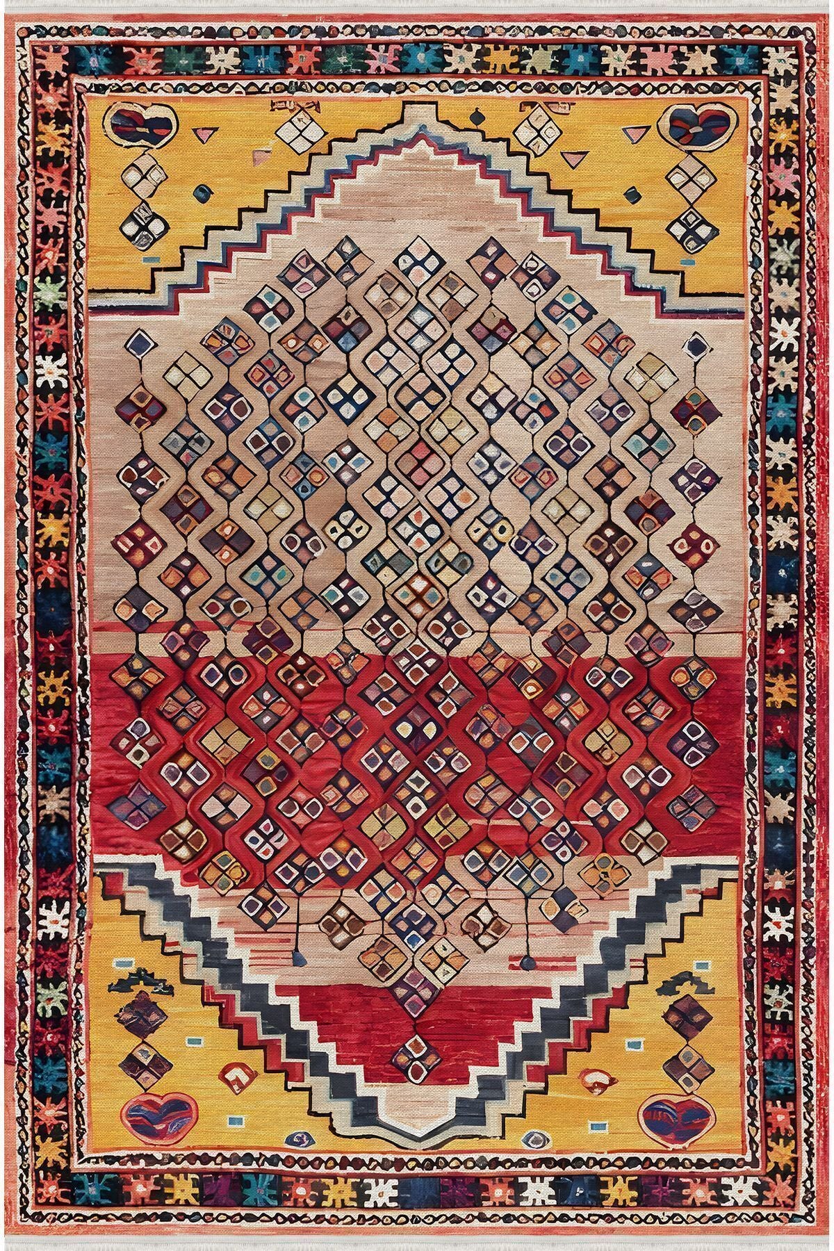 Halı Vagonu109ı Etnik Anadolu Halısı Dekoratif Salon Halısı Saçaklı Yıkanabilen Halı