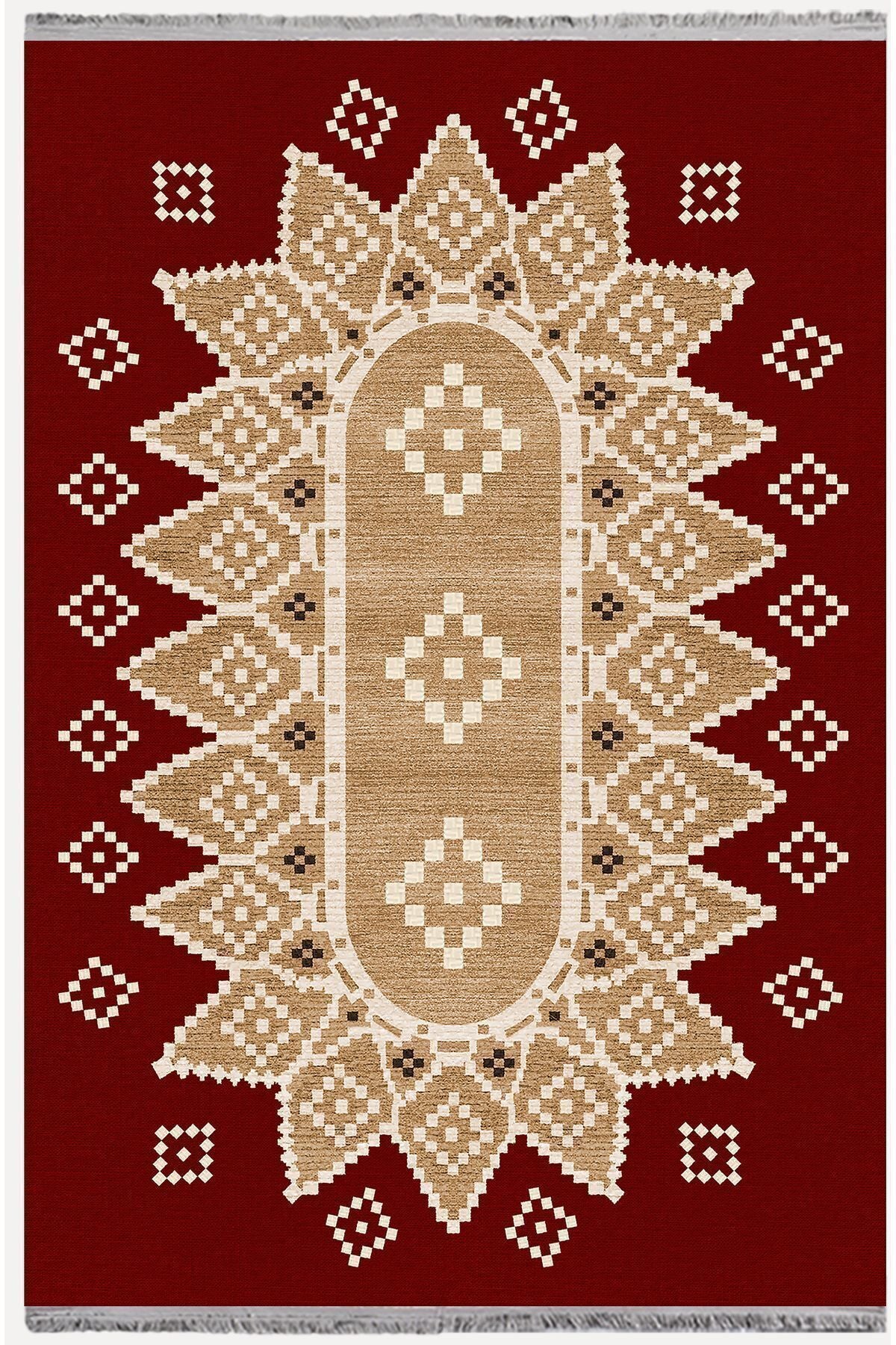 Halı Vagonu107 Kırmızı Tonlarında Klasık Dekoratif Kilim Salon Halısı Saçaklı Yıkanabilen Halı