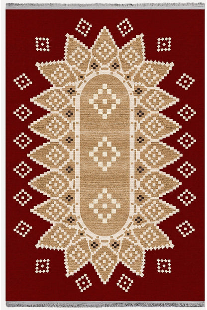 Halı Vagonu107 Kırmızı Tonlarında Klasık Dekoratif Kilim Salon Halısı Saçaklı Yıkanabilen Halı