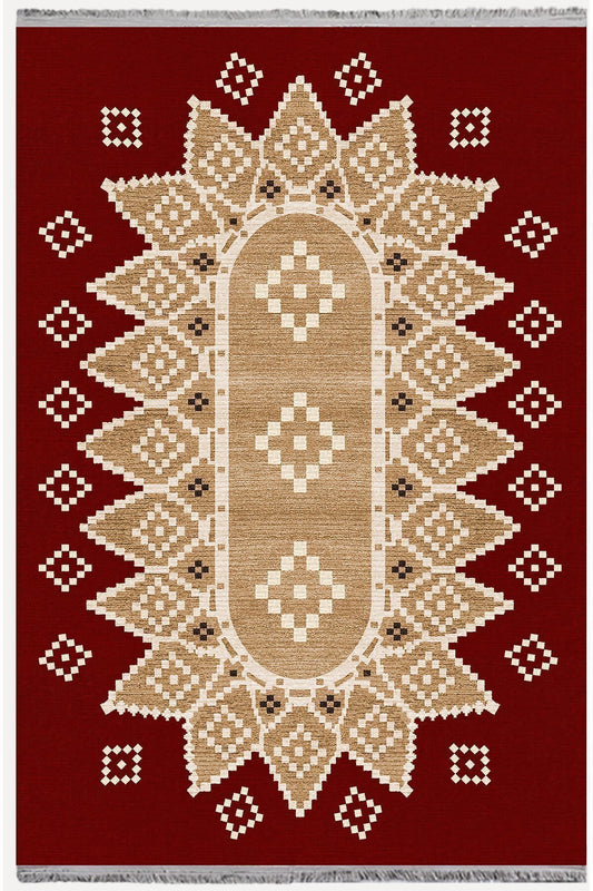 Halı Vagonu107 Kırmızı Tonlarında Klasık Dekoratif Kilim Salon Halısı Saçaklı Yıkanabilen Halı