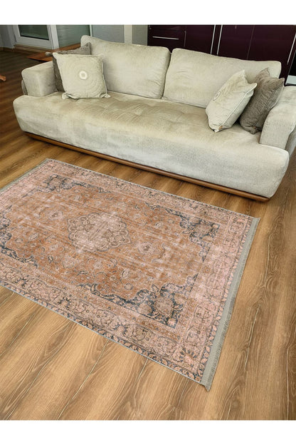 Halı Vagonu Serisi Hardal Eskitme Antika Desen Kaymaz Taban Şönil Halı