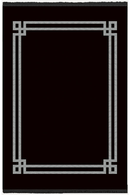 Halı Vagonu Serisi Siyah Beyaz Çerçeveli Etnik Ve Geometrik Desen Kaymaz Taban Şönil Halı