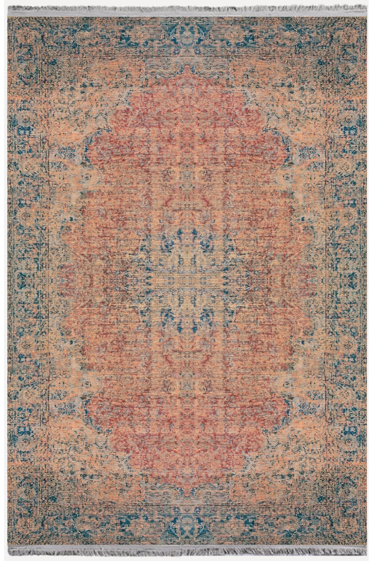 Halı Vagonu Serisi Mavi Ve Kahve Tonlarında Eskitme Otantik Desen Kaymaz Taban Şönil Halı