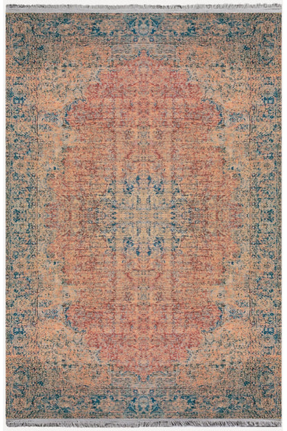 Halı Vagonu Serisi Mavi Ve Kahve Tonlarında Eskitme Otantik Desen Kaymaz Taban Şönil Halı