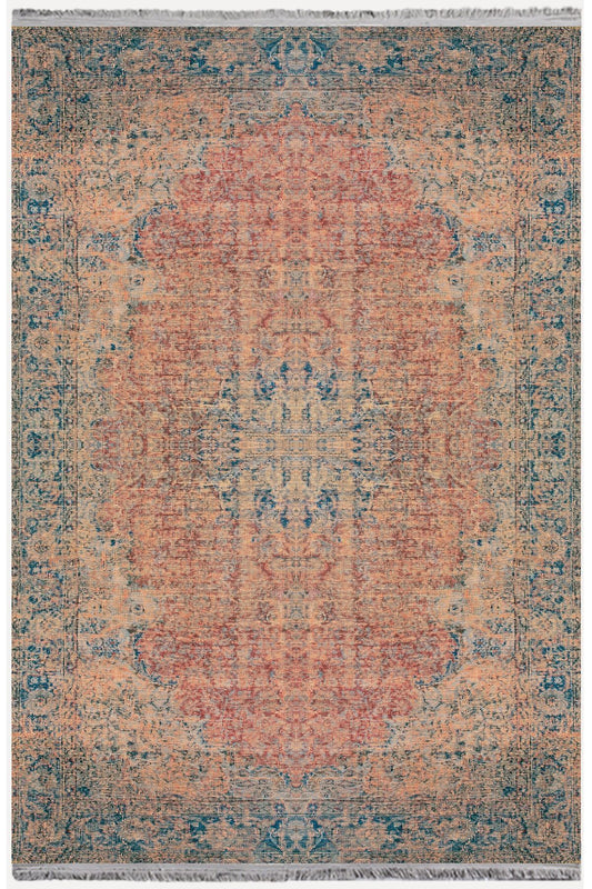 Halı Vagonu Serisi Mavi Ve Kahve Tonlarında Eskitme Otantik Desen Kaymaz Taban Şönil Halı