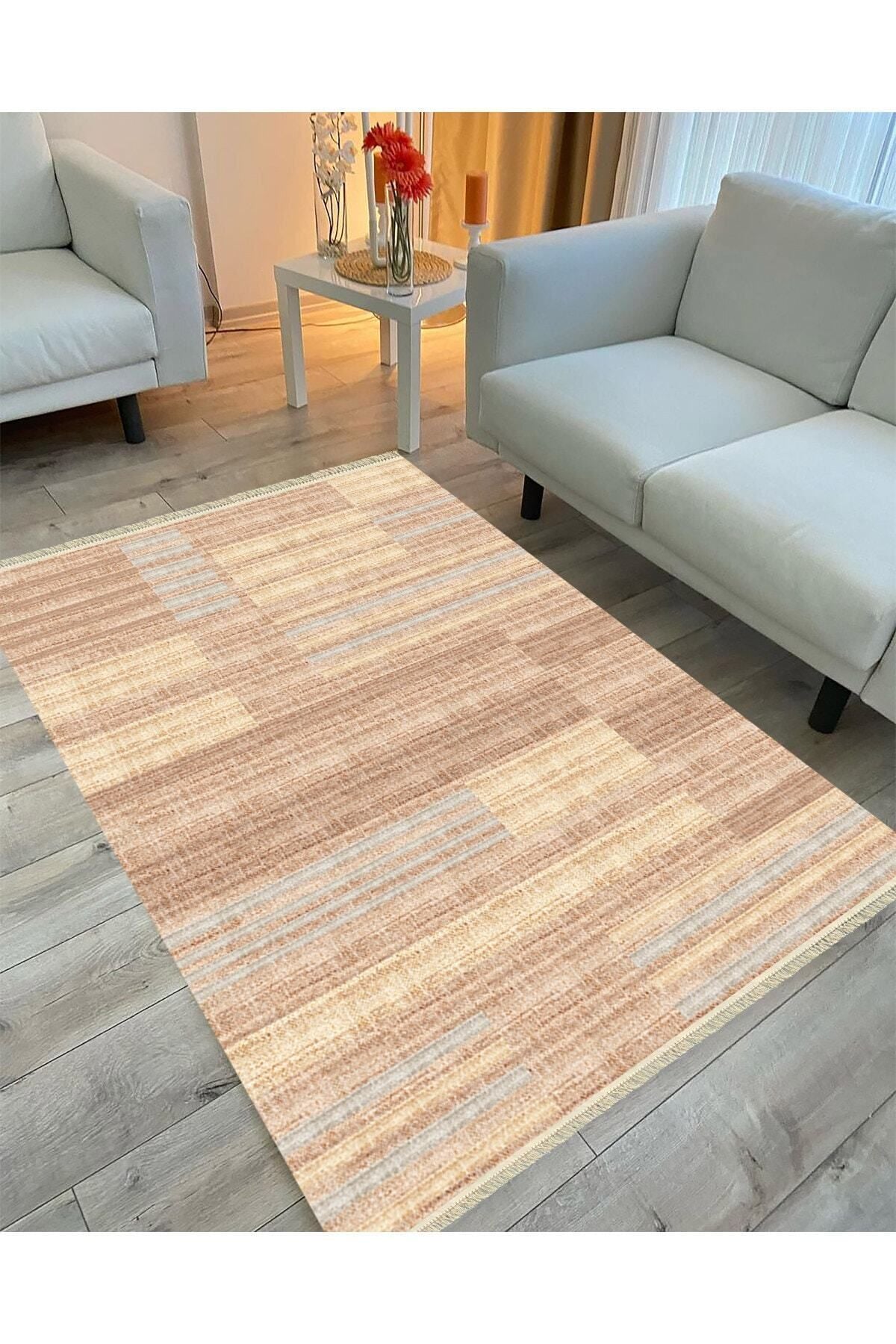 Cotton Serisi Kahve Tonlarında Hasır Görünmlü Eskitme Desen Dekoratif Dokuma Taban Kilim