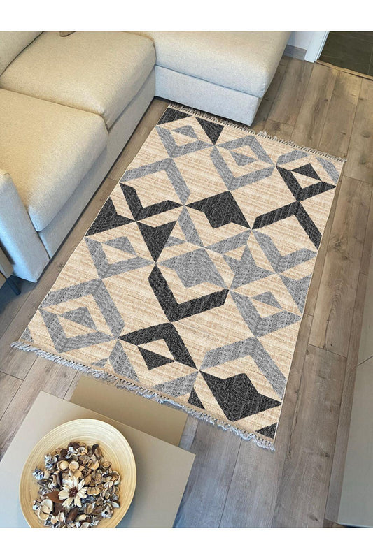 Cotton Kilim 37 Doğal Jut Renklı Giometrik Modern Desenli Dekoratif Yıkanabilen Dokuma Taban Kilim - HALI VAGONU