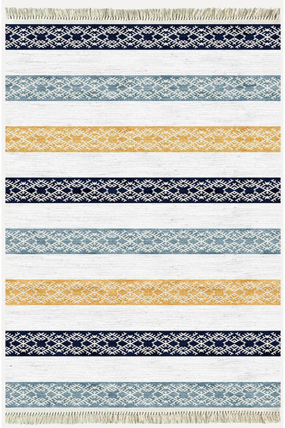 Cotton Kilim 36 Mavi Renklı Modern Desenli Dekoratif Yıkanabilen Dokuma Taban Kilim