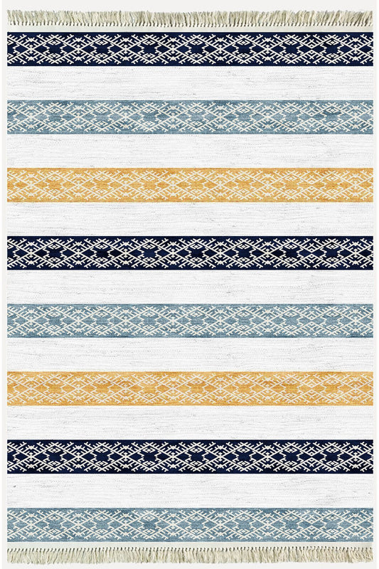 Cotton Kilim 36 Mavi Renklı Modern Desenli Dekoratif Yıkanabilen Dokuma Taban Kilim