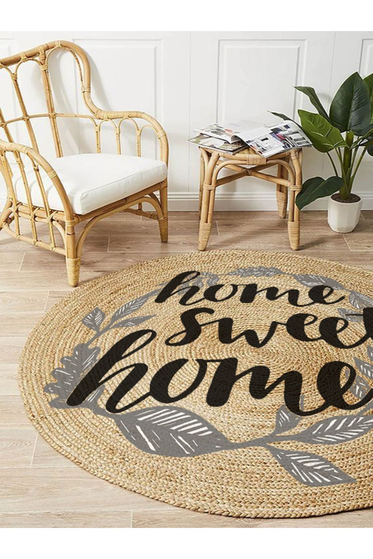 Boho 973 Home Sweet Home Temalı Etnik Desenli Yuvarlak Jüt Örme Doğal Hasır Kilim Daire Halı