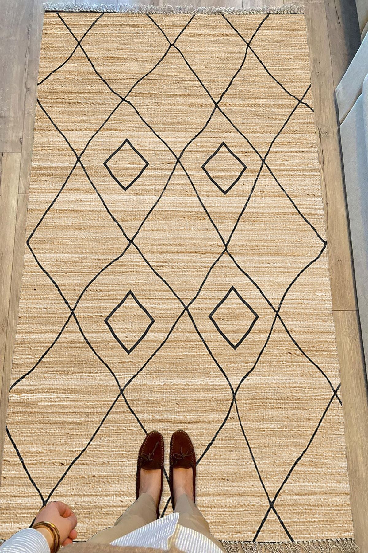 Cotton Serisi Hasır Görümülü Siyah Baklava Eskitme Otantik Desenli Dekoratif Dokuma Taban Kilim