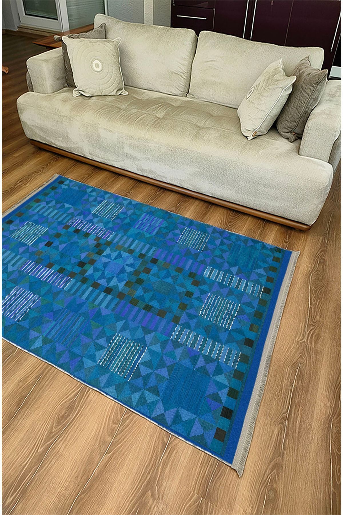 Halı Vagonu121 Etnik Otantik Mavi Tonlartında Dekoratif Salon Halısı Saçaklı Yıkanabilen Halı