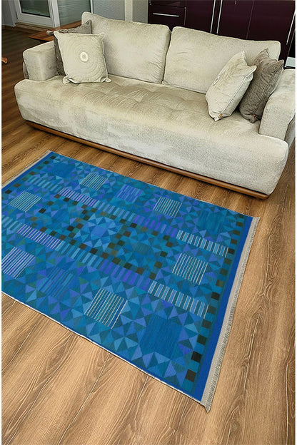 Halı Vagonu121 Etnik Otantik Mavi Tonlartında Dekoratif Salon Halısı Saçaklı Yıkanabilen Halı