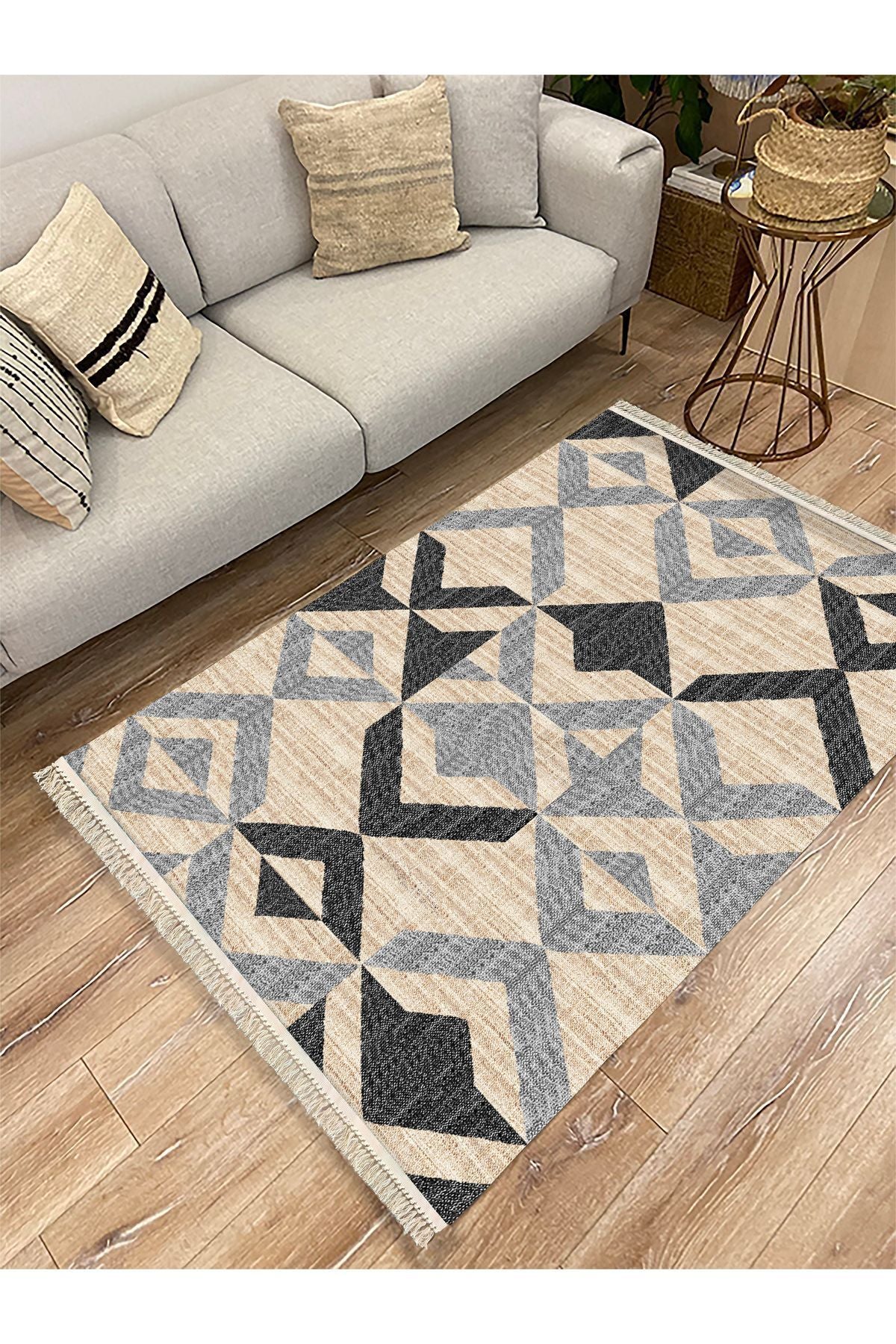 Cotton Kilim 37 Doğal Jut Renklı Giometrik Modern Desenli Dekoratif Yıkanabilen Dokuma Taban Kilim