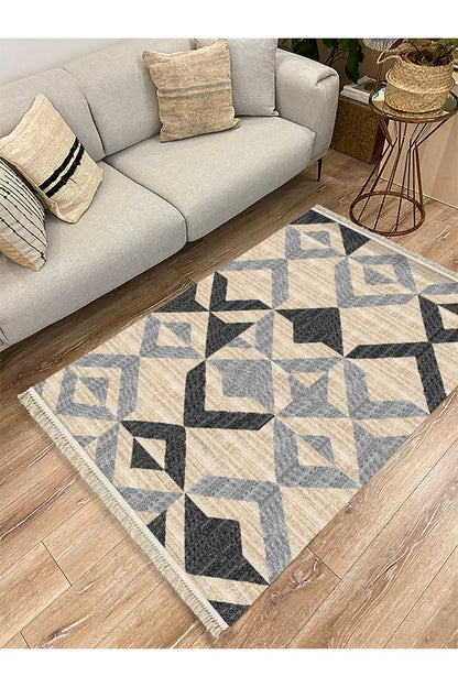 Cotton Kilim 37 Doğal Jut Renklı Giometrik Modern Desenli Dekoratif Yıkanabilen Dokuma Taban Kilim