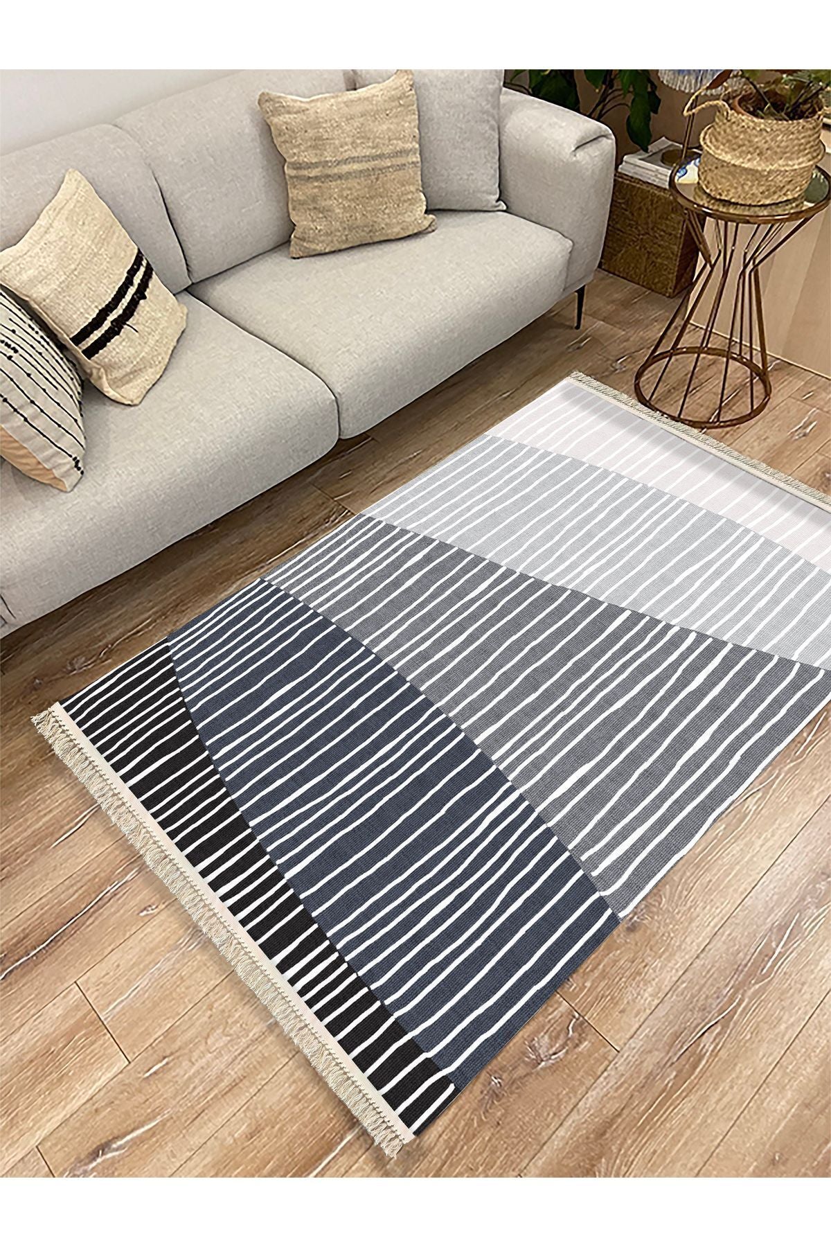 Cotton Kilim 47 Gri Zeminli Geneleksel Motifler Modern Dekoratif Yıkanabilen Dokuma Kilim