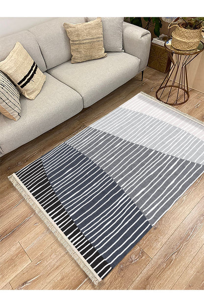 Cotton Kilim 47 Gri Zeminli Geneleksel Motifler Modern Dekoratif Yıkanabilen Dokuma Kilim