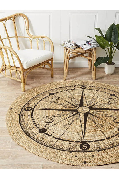 Boho 942 Pusula Tema Etnik Örgü Yuvarlak Natural Renk Çift Taraflı Halı