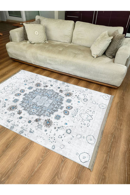 Halı Vagonu Serisi Gri Mavi Etnik Geometrik Desen Kaymaz Taban Şönil Halı