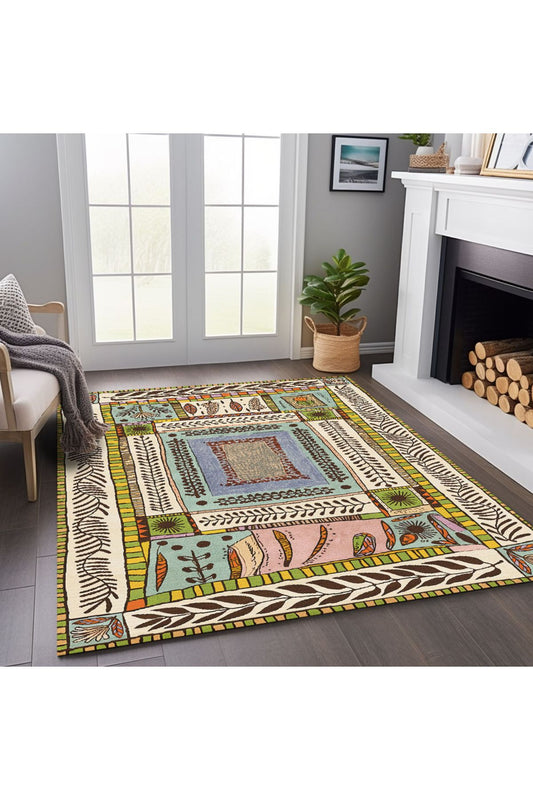 Floral Bej Tonlarında Pastel Botanik Tema Dokuma Taban Salon Halısı Çocuk Halısı Halı Vagonu 255