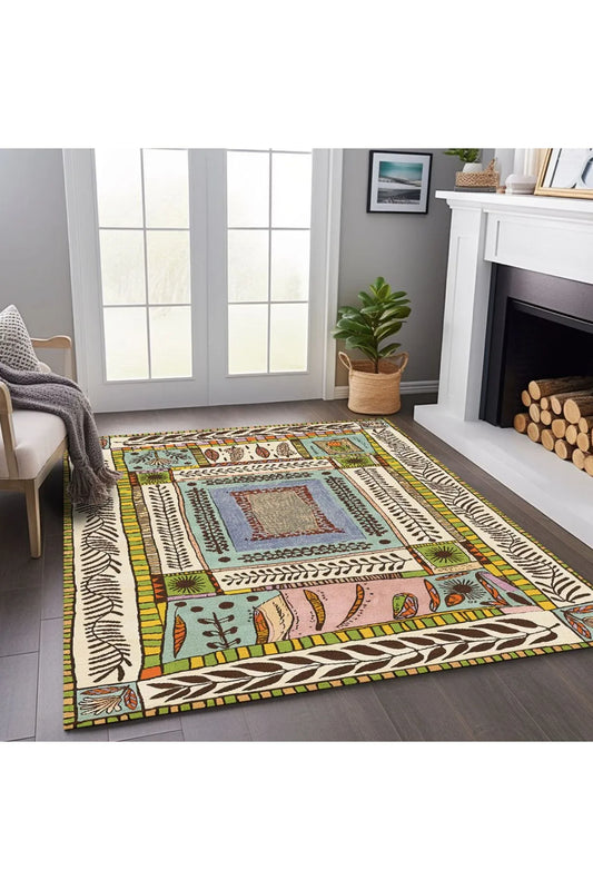 Floral Bej Tonlarında Pastel Botanik Tema Dokuma Taban Salon Halısı Çocuk Halısı Halı Vagonu 255 - HALI VAGONU