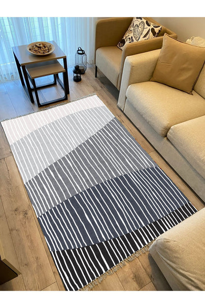 Cotton Kilim 47 Gri Zeminli Geneleksel Motifler Modern Dekoratif Yıkanabilen Dokuma Kilim