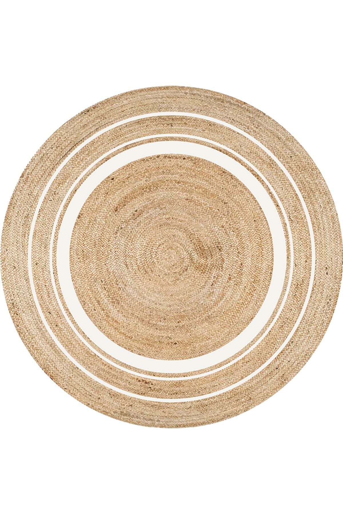 Boho 991 Natural Jüt Görünümlü Desen Üzerine Beyaz Halkalar Yuvarlak Natural Çift Taraflı Halı
