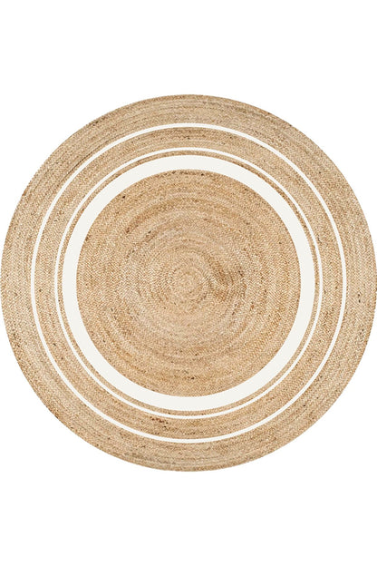 Boho 991 Natural Jüt Görünümlü Desen Üzerine Beyaz Halkalar Yuvarlak Natural Çift Taraflı Halı