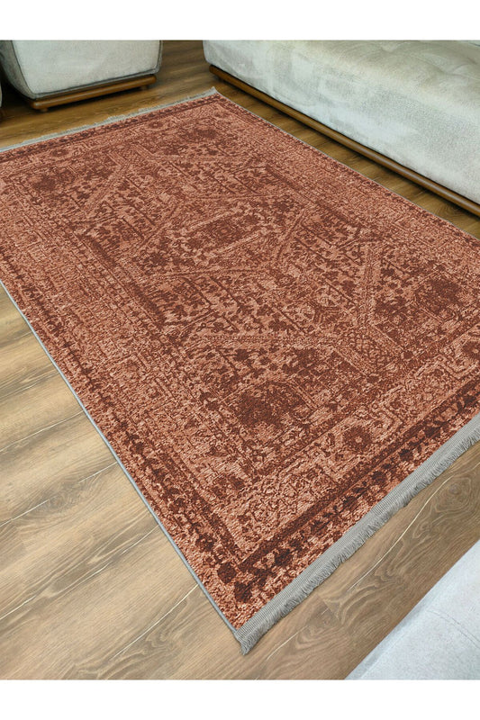 Halı Vagonu 2080 Hardal Tonlarında Etnik Otantik Eskitme Desen Kaymaz Taban Dekoratif Halı