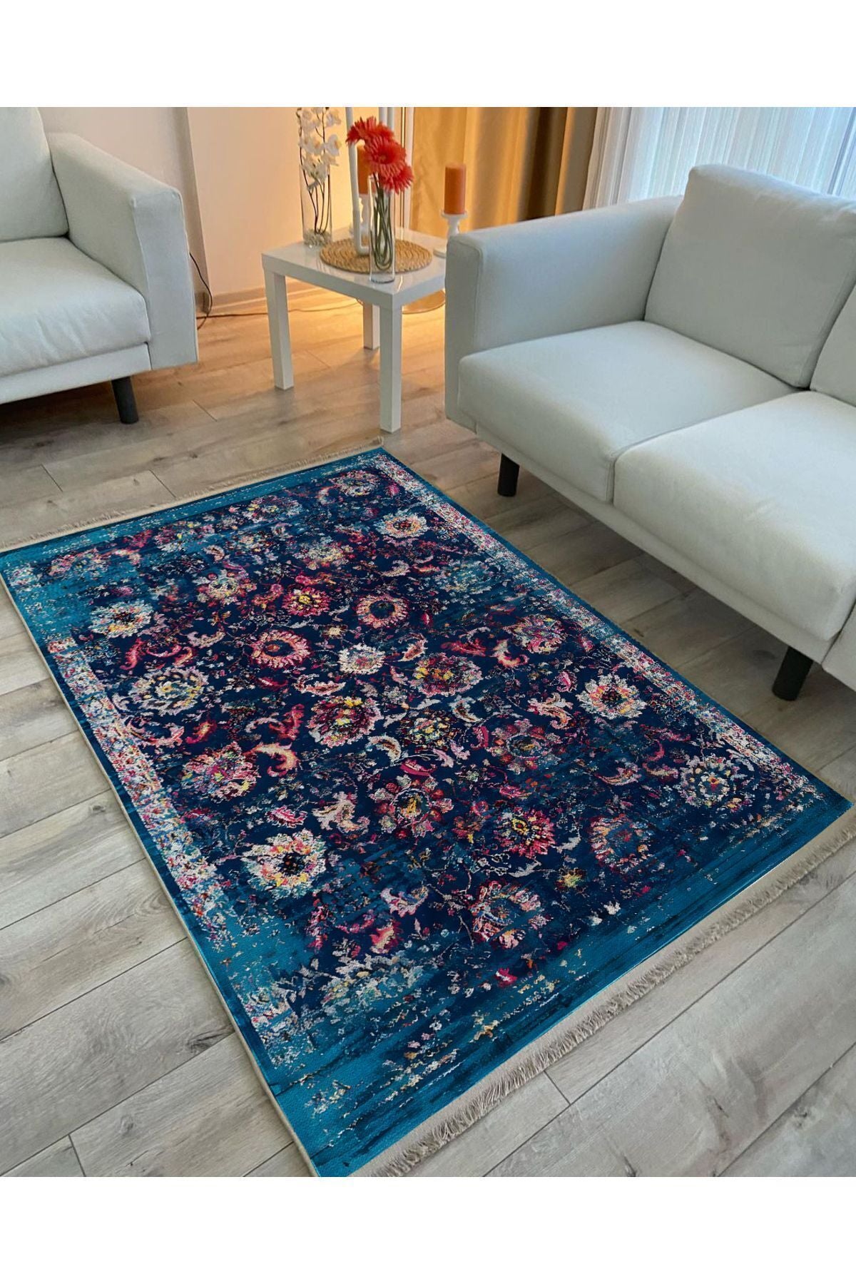 Halı Vagonu Halı 96 Lacivert Tonlarında Klasık Dekoratif Halı Salon Halısı Saçaklı Yıkanabilen Halı