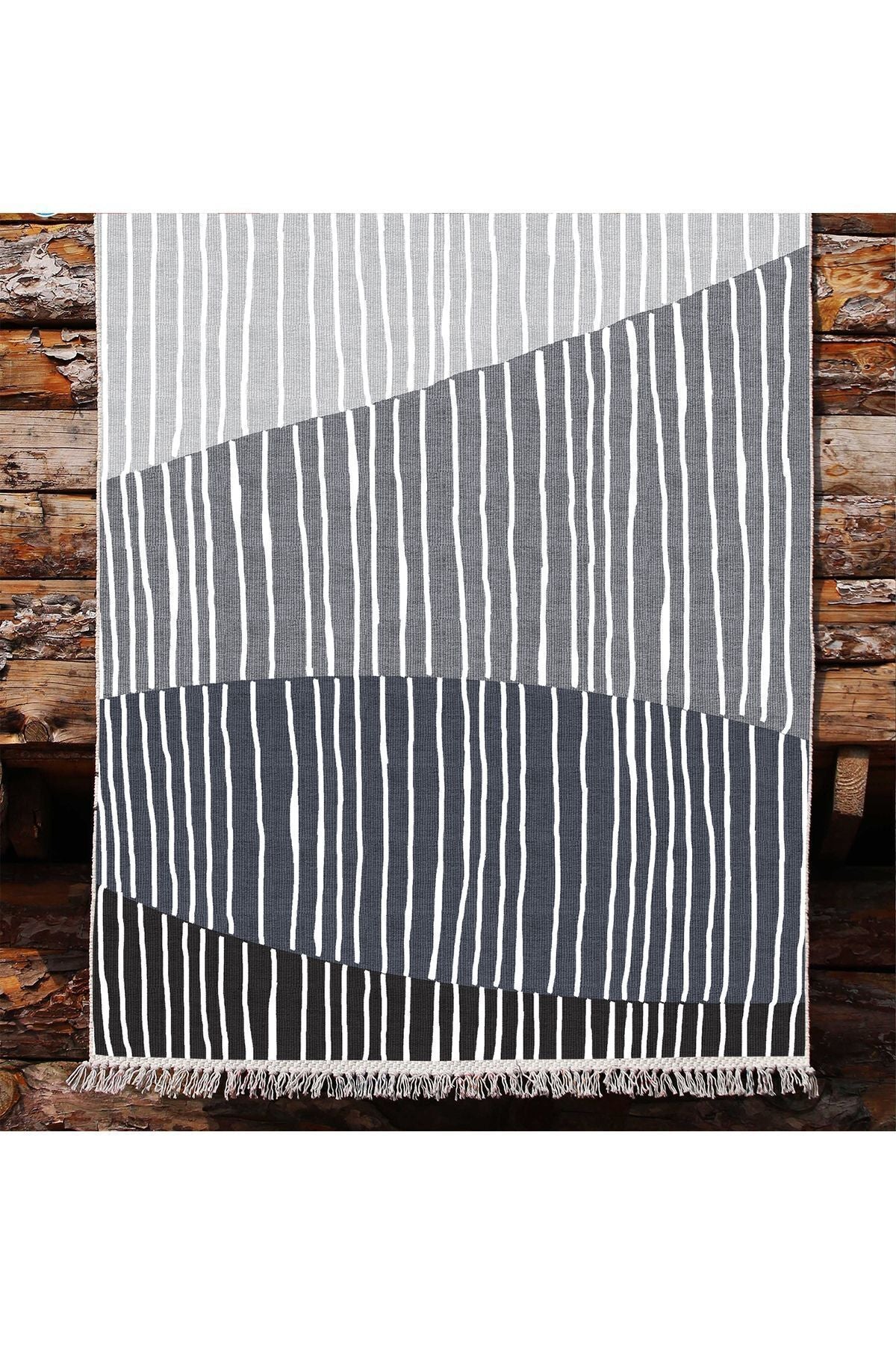 Cotton Kilim 47 Gri Zeminli Geneleksel Motifler Modern Dekoratif Yıkanabilen Dokuma Kilim