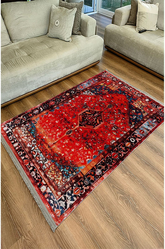 Halı Vagonu Halı95 Kırmızı Tonlarında Klasık Dekoratif Halı Salon Halısı Saçaklı Yıkanabilen Halı