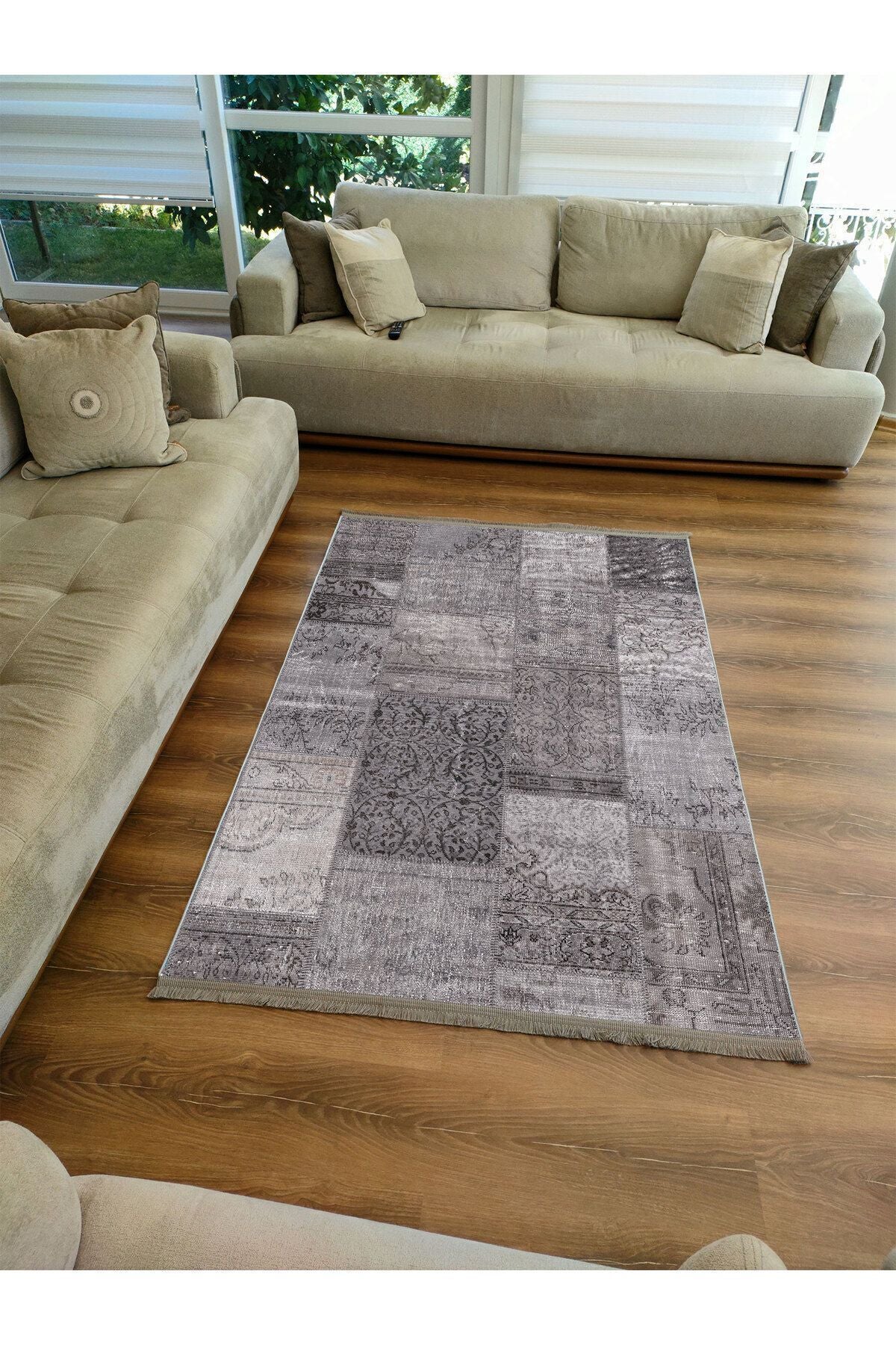 Halı Vagonu 2092 Gri Tonlarında Eskitme Patchwork Desen Kaymaz Taban Dekoratif Halı