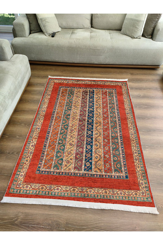 Halı Vagonu Kırmızı Tonlarında Etnik Klasik Eskitme Pamuk  Dokuma Taban Halı 2099