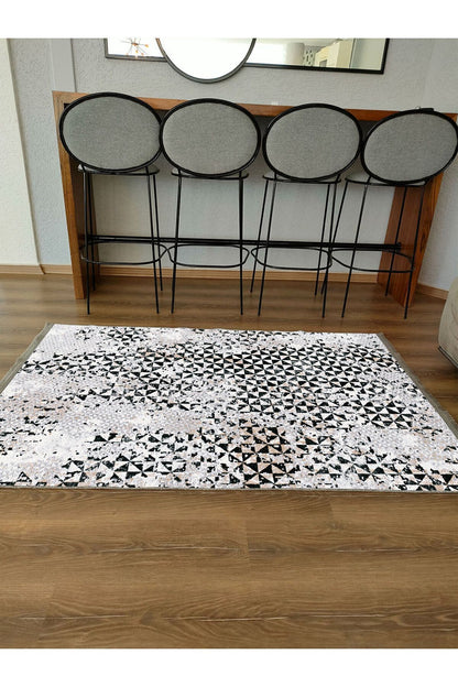 Halı Vagonu 2093 Gri Tonlarında Eskitme Geometrik Desen Kaymaz Taban Dekoratif Halı