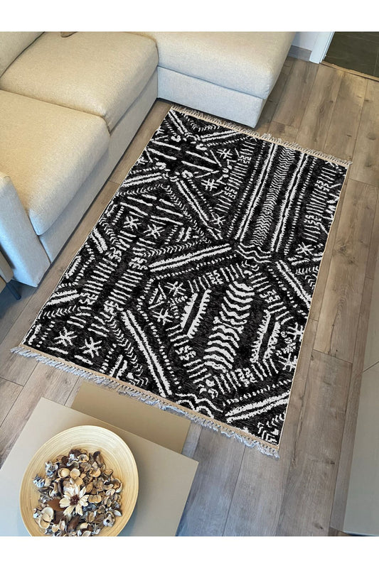 Cotton Kilim46 Siyah Zeminli Geneleksel Motifler Modern Dekoratif Yıkanabilen Dokuma Kilim